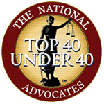 Graphic of Lady Justice with text reading: The National Top 40 Under 40 Advocates